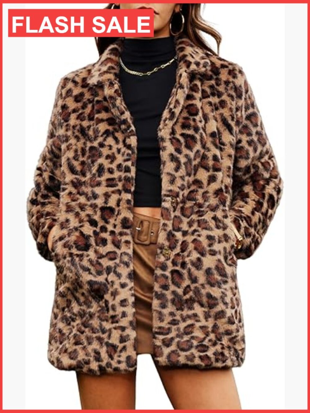 Faux Fur Leopard Overcoat Notch Lapel Long Winter Coat with Pockets